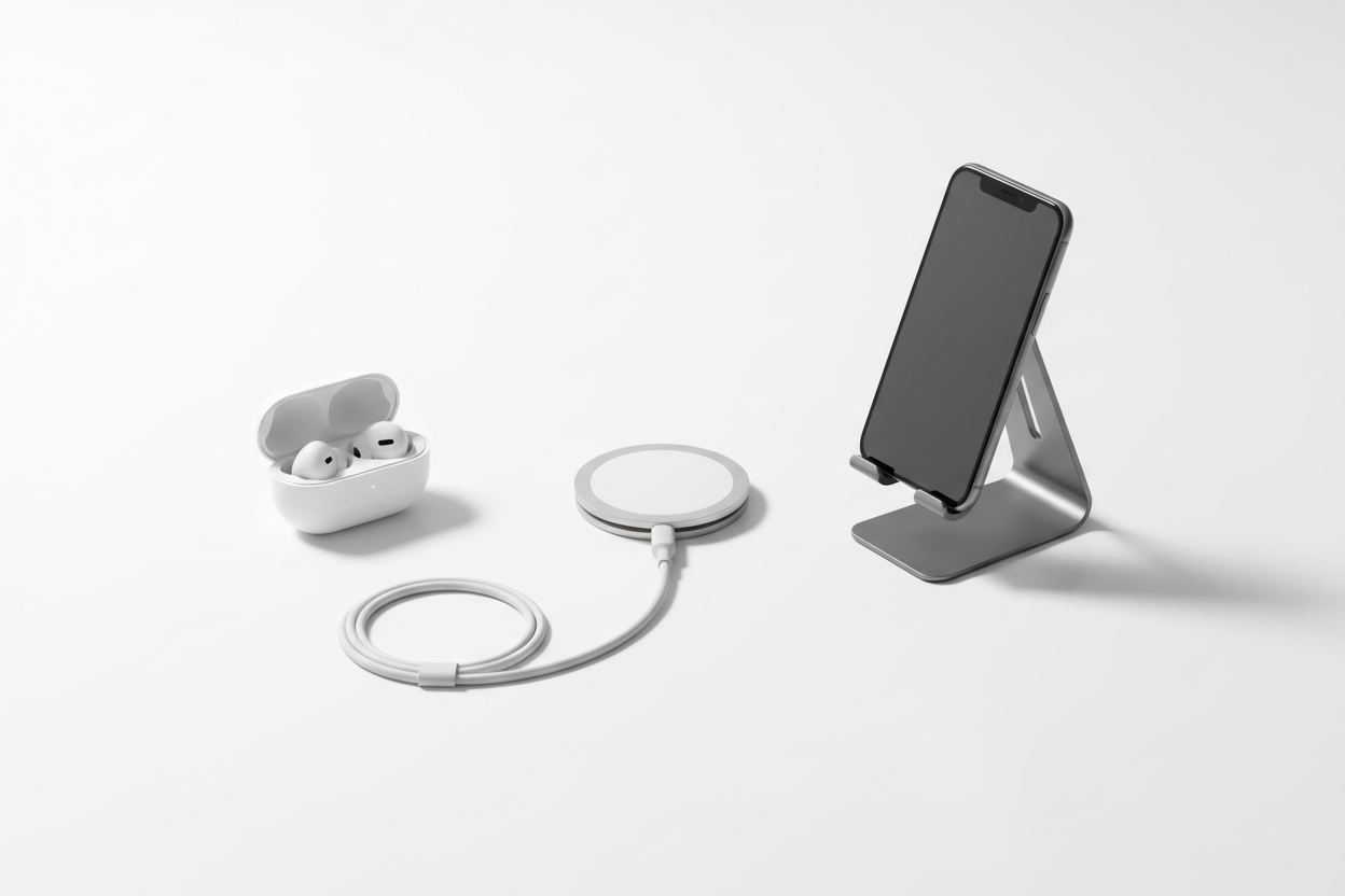 Premium minimal hero image showcasing mobile accessories — MagSafe wireless charger, USB-C cable, phone stand, earbuds — arranged on a clean white background with soft shadows and subtle reflective highlights. Flat modern composition, elegant spacing, balanced layout with visual depth, aesthetic tech commercial style, 1920x900 resolution, no branding or logos, photography feel similar to Apple / Anker, visually inspiring and high-end minimalism.