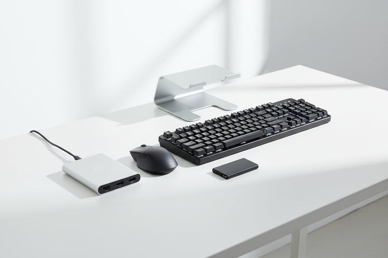 Premium workspace hero banner featuring computer accessories — mechanical keyboard, USB-C hub, wireless mouse, SSD drive, laptop stand — neatly positioned on a pure white desk background with soft natural shadows and depth. Modern commercial lighting, product focus, top-tier tech branding style, 1920x900 resolution, sleek clean minimal design, NO visible logos, sophisticated composition suitable for a global tech brand.
