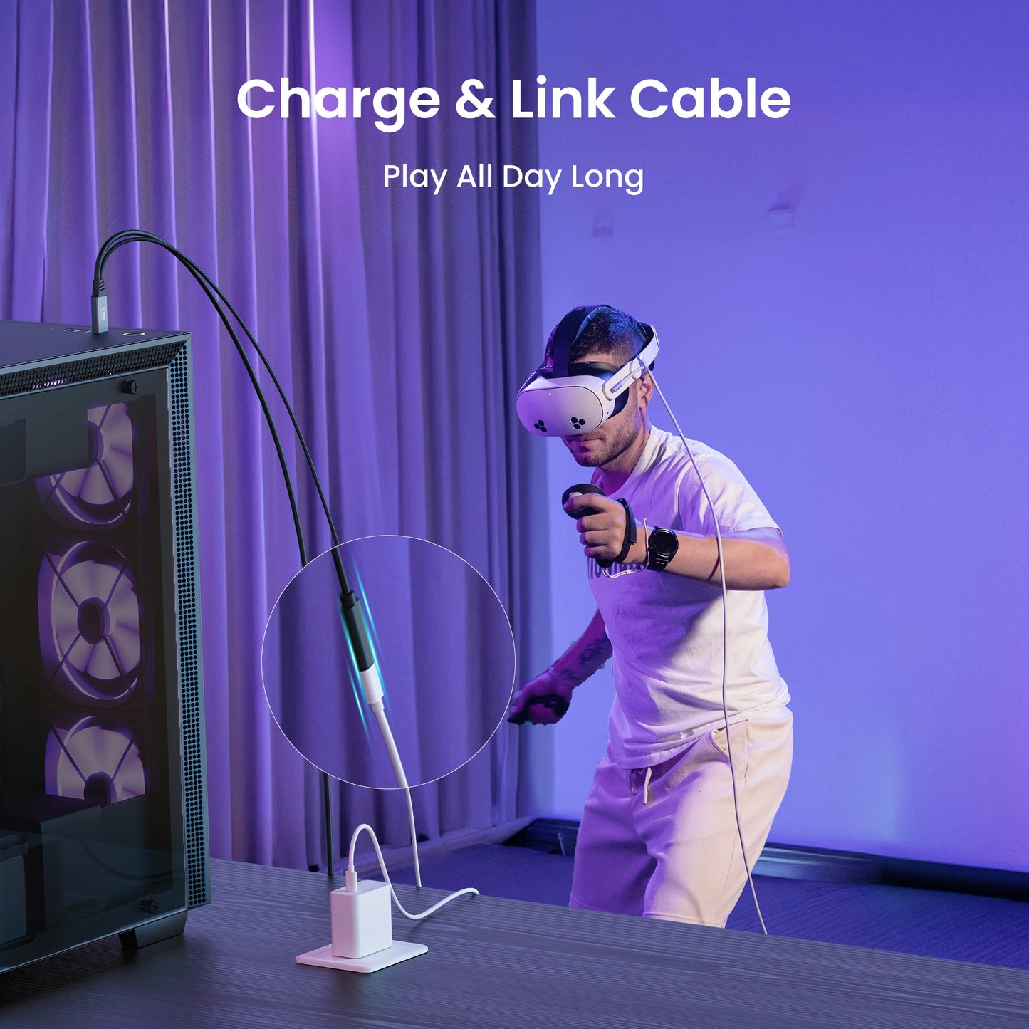 KIWI design Link Cable with Charging 16FT Compatible with Meta Quest 3s/3/2/ Pro/Pico 4 Accessories and PC/SteamVR, USB 3.0 to U