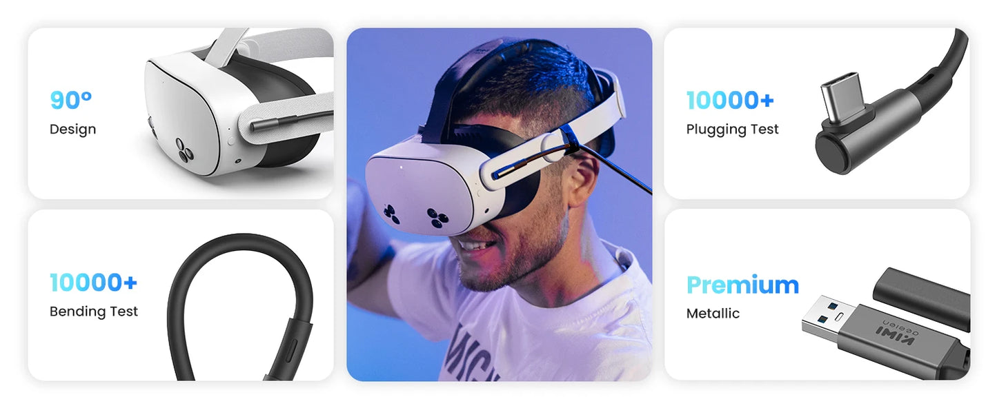 KIWI design Link Cable with Charging 16FT Compatible with Meta Quest 3s/3/2/ Pro/Pico 4 Accessories and PC/SteamVR, USB 3.0 to U