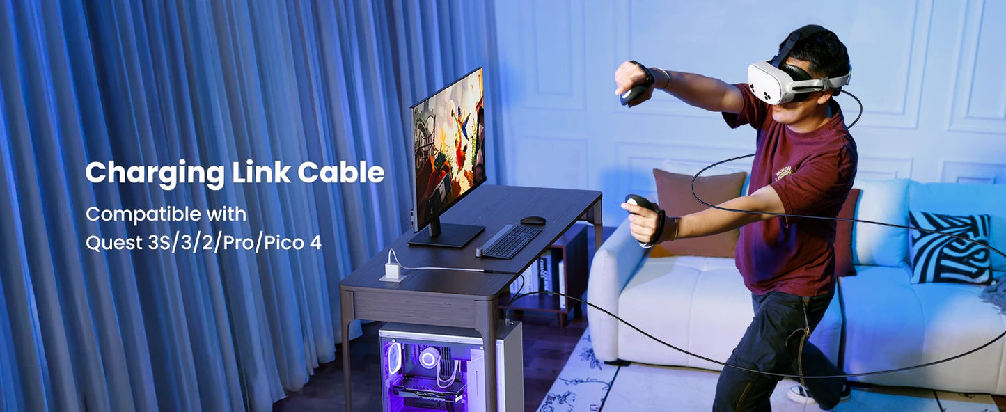 KIWI design Link Cable with Charging 16FT Compatible with Meta Quest 3s/3/2/ Pro/Pico 4 Accessories and PC/SteamVR, USB 3.0 to U