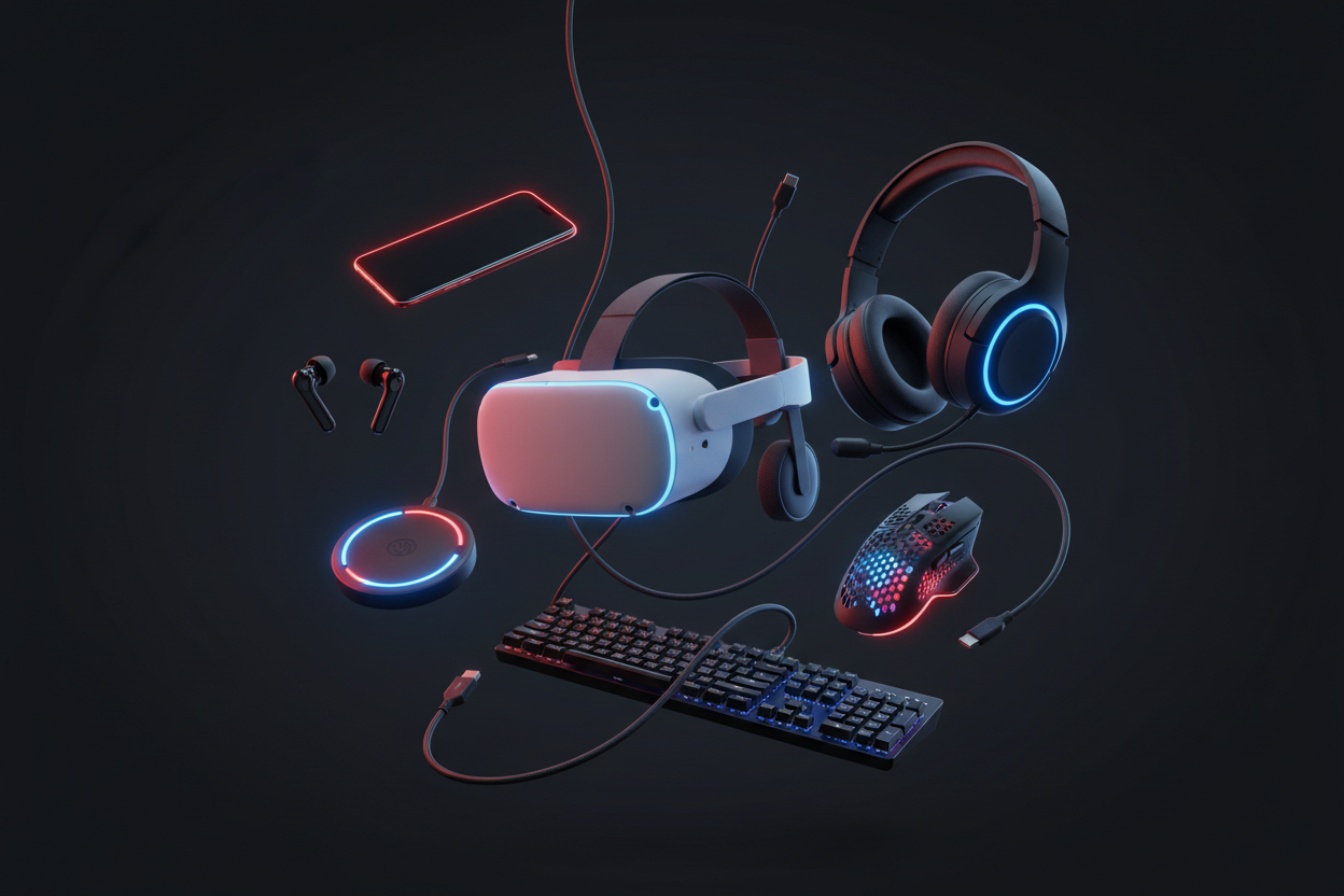 Tech accessories product photography on dark background: VR headset Meta Quest, wireless earbuds, gaming headphones, smartphone, wireless charger, USB cables, RGB gaming mouse, mechanical keyboard, all floating with glowing blue and red neon lights, no text, no words, minimalist clean composition, professional e-commerce banner